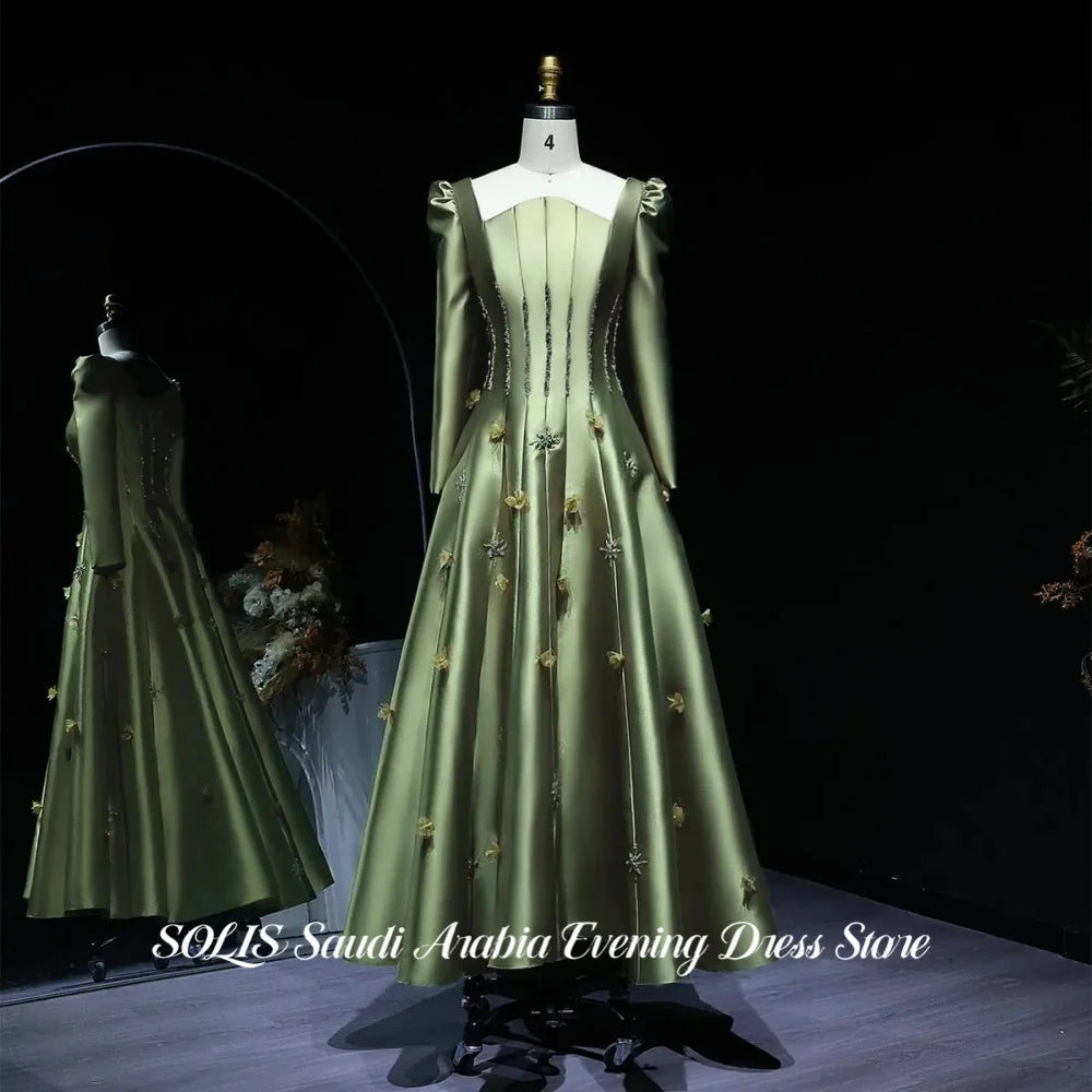 SOLIS Sage Green Prom Dress Long Puff Sleeve Evening Dress with Beaded Corset 3D Appliqué Satin A-Line Party Dress Customized