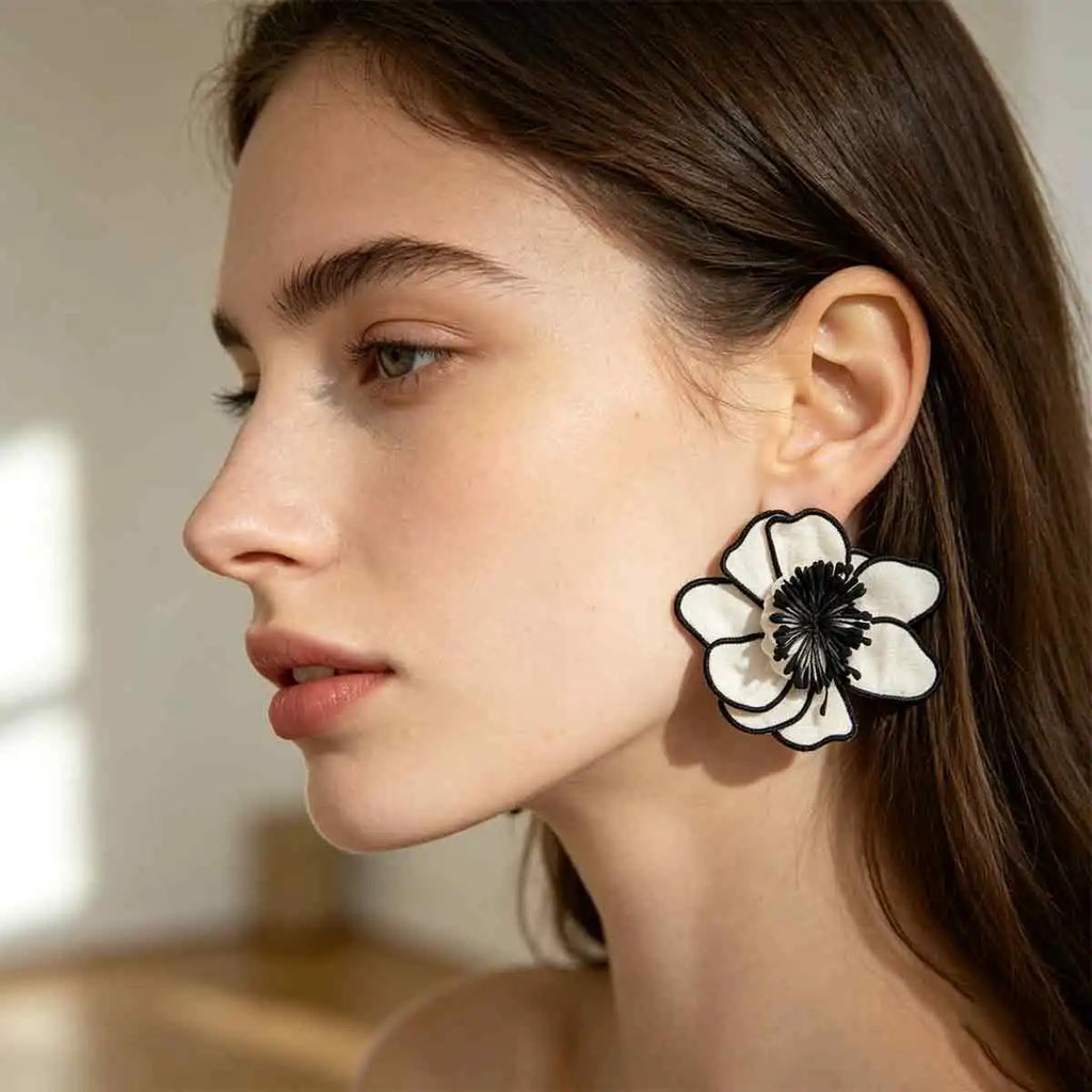 Elegant Black White Fabric Flower Earrings with Handmade Charms for Women French Style and Formal Occasion