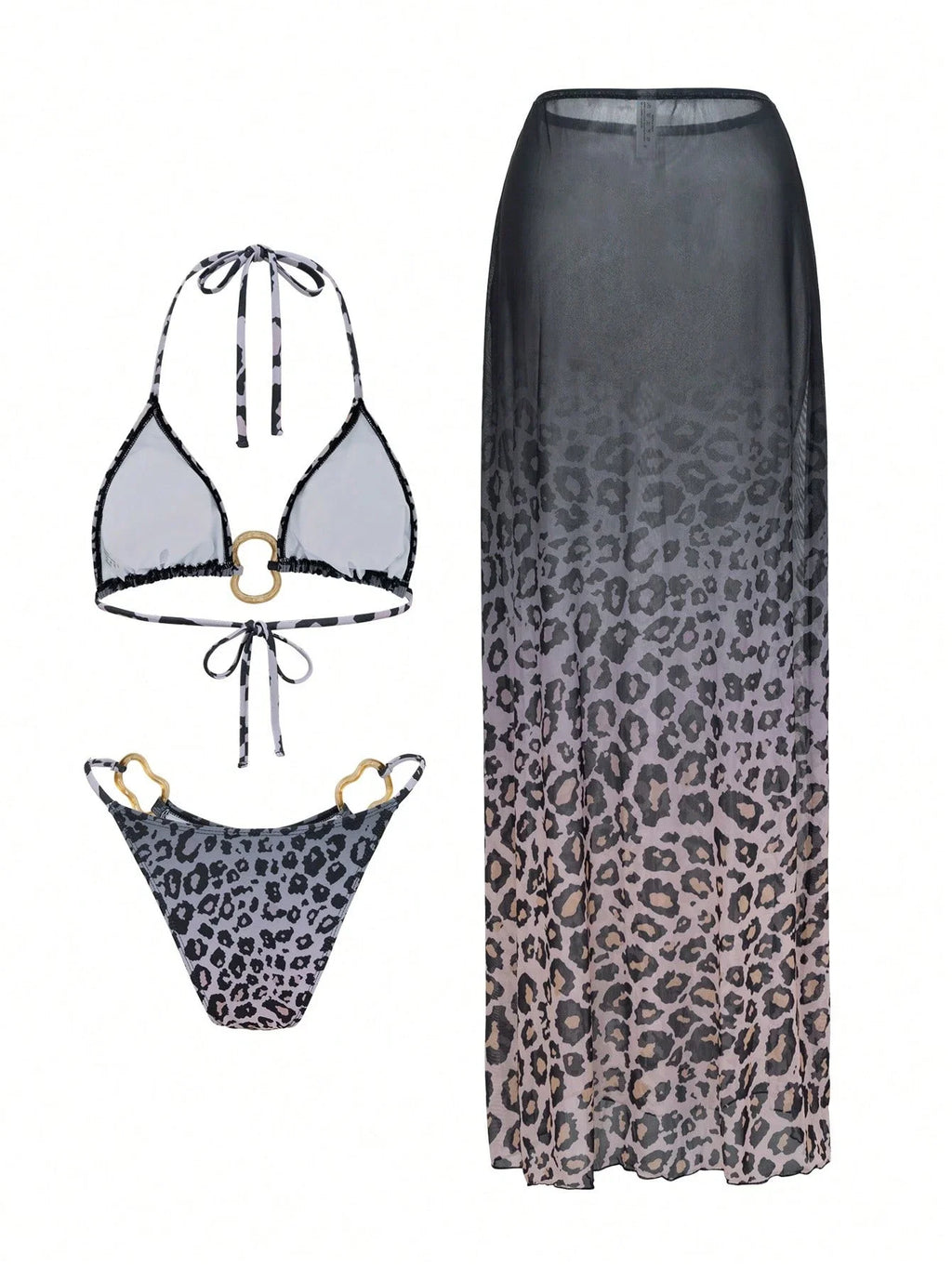 Leopard Print Triangle Bikini Set With Golden Decor And Sheer Skirt