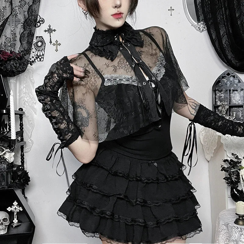 Gothic 2Pcs Women's Tops Splice Waist-Cinching Lacetrim Spaghetti Strap Vest Stand Collar Sexy Hollow-Out Smock Gyaru Suit