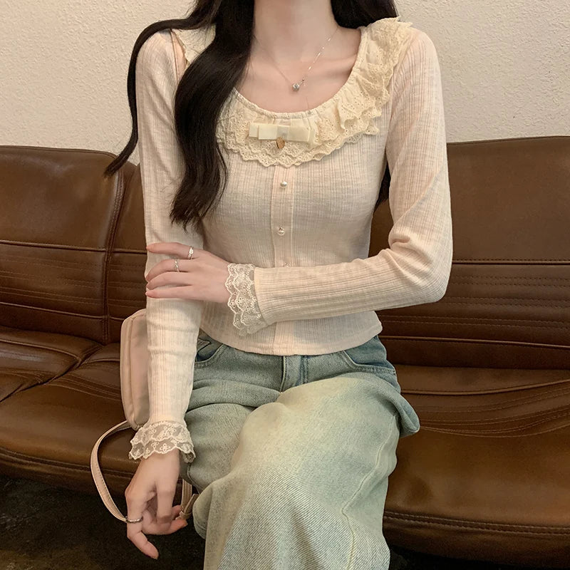 Women's 2026 Spring Autumn New Sweet Cute Lace Thin Short Slim Fit Crew Neck Long Sleeve T Shirt Base Top