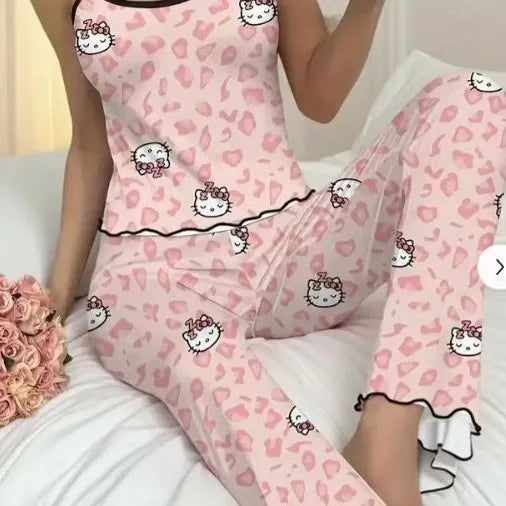 2pcs Sanrio Hello Kitty Pajama Set Features A Women'S Halter Neck Top with An Off The Shoulder Style and Black Pants