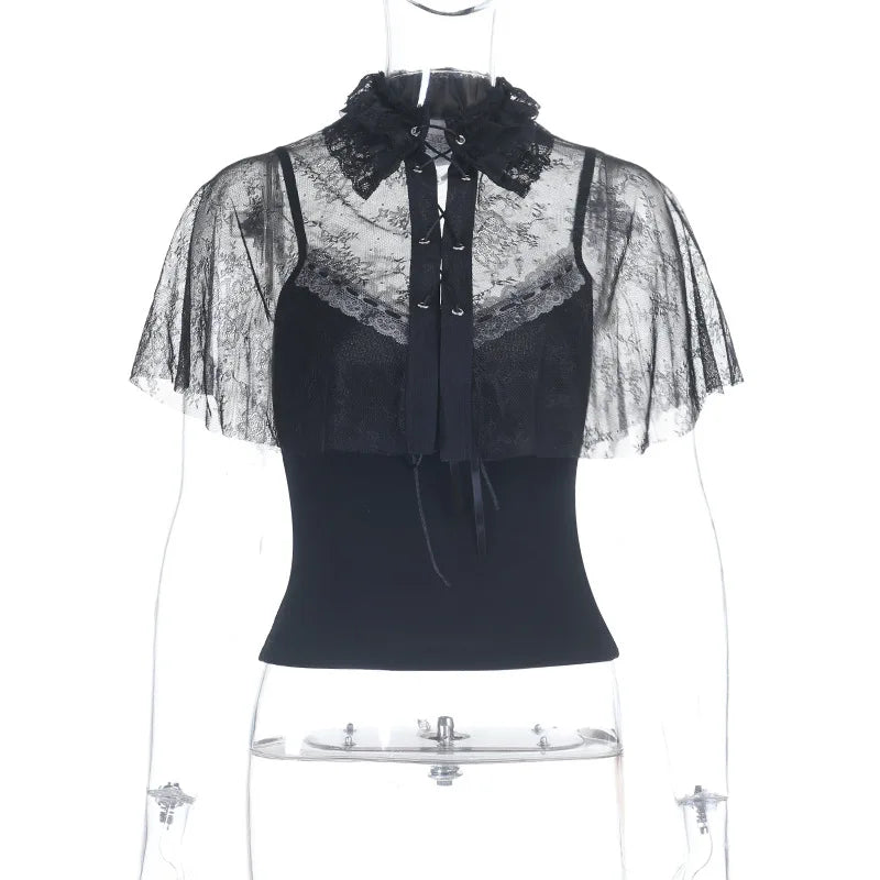 Gothic 2Pcs Women's Tops Splice Waist-Cinching Lacetrim Spaghetti Strap Vest Stand Collar Sexy Hollow-Out Smock Gyaru Suit