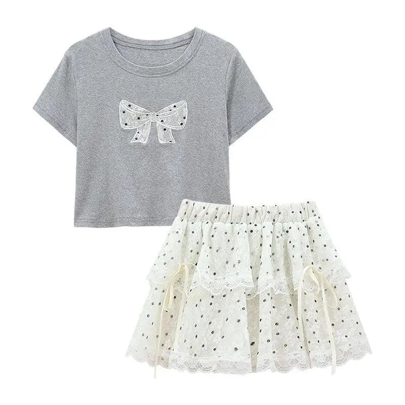 Womens Suit Fashion 2 Piece Set Short Sleeve T Shirt And High Waist Cake Skirt Lace Polka Dot Women Summer Bow Grey Casual Sweet