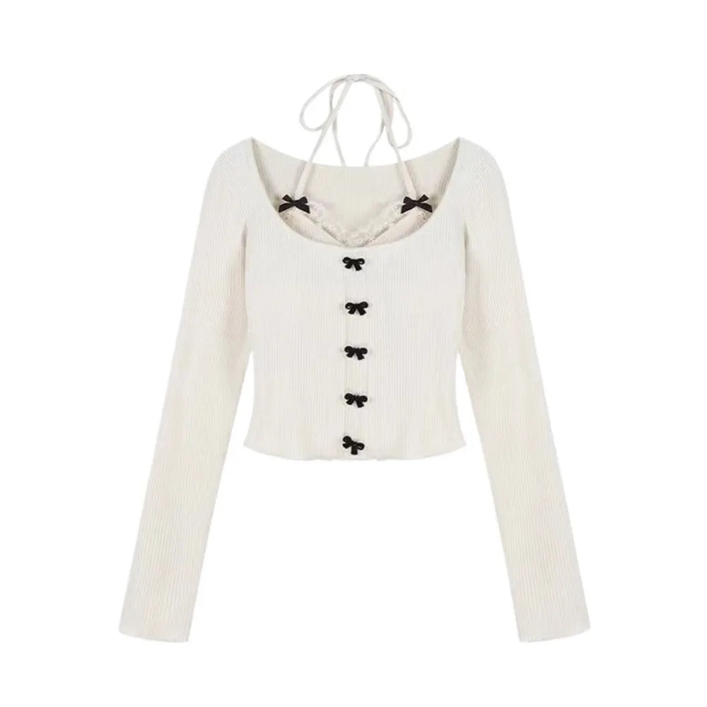 Lace Tied Up Long Sleeved T Shirts Slim Fit Thin Strap Y2k Slim Neck Hanging Tank Top Korean Style Female Top