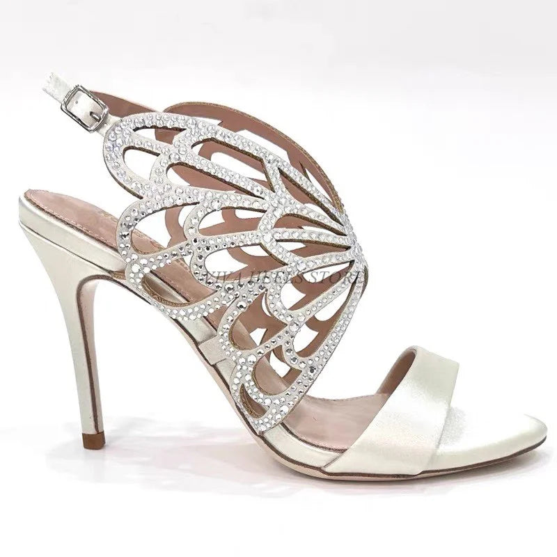 Women's Crystal Butterfly Elegant Satin Sandals Real Leather Comfy Bride High Heels Luxury Design Black champagne Wedding Shoes