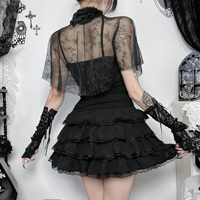 Gothic 2Pcs Women's Tops Splice Waist-Cinching Lacetrim Spaghetti Strap Vest Stand Collar Sexy Hollow-Out Smock Gyaru Suit