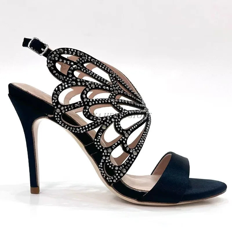 Women's Crystal Butterfly Elegant Satin Sandals Real Leather Comfy Bride High Heels Luxury Design Black champagne Wedding Shoes