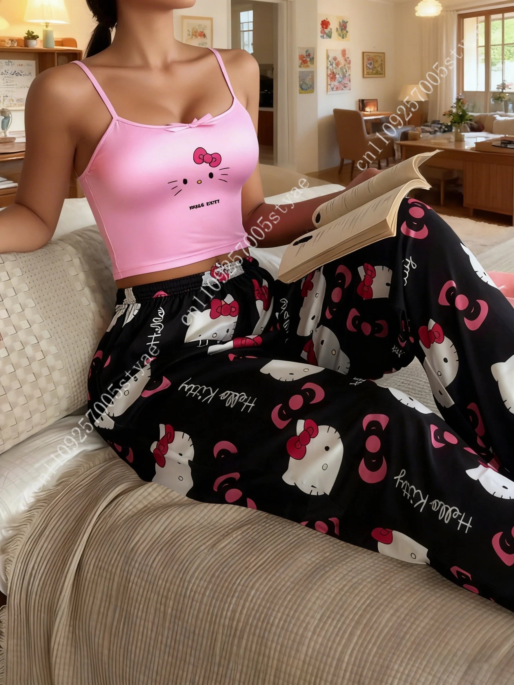 2pcs Sanrio Hello Kitty Pajama Set Features A Women'S Halter Neck Top with An Off The Shoulder Style and Black Pants