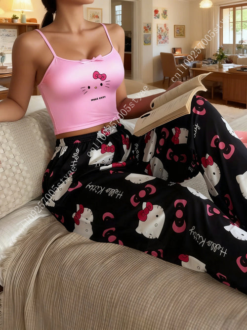 2pcs Sanrio Hello Kitty Pajama Set Features A Women'S Halter Neck Top with An Off The Shoulder Style and Black Pants