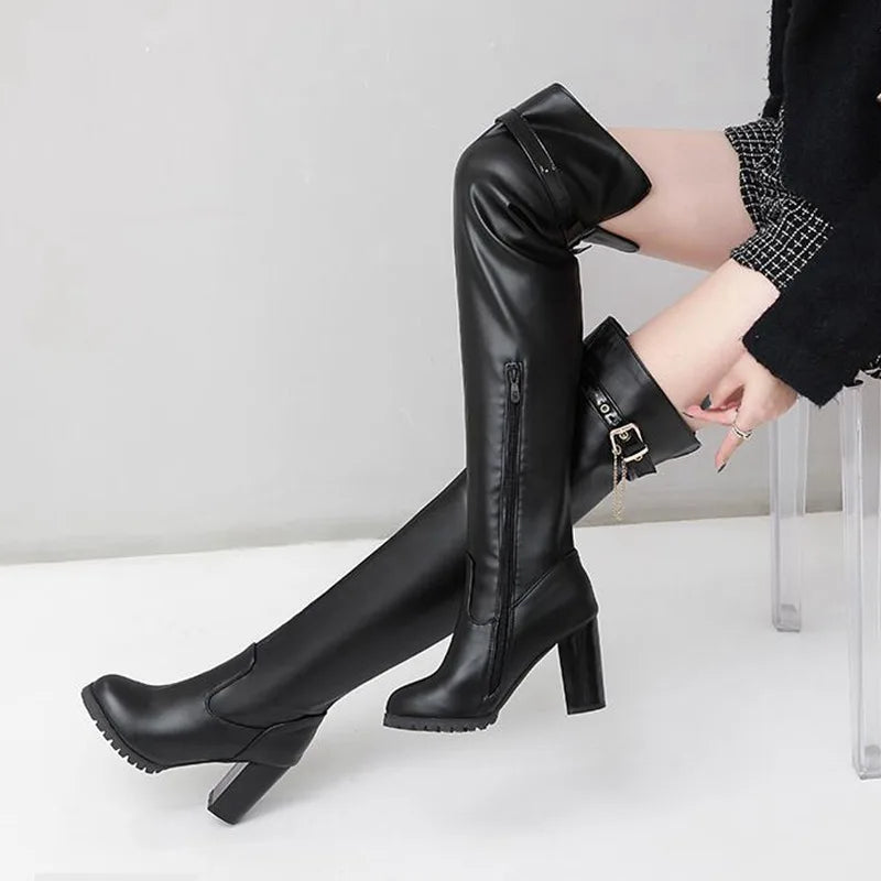 ORCHA LISA Big Size 33-50 Women Thigh High Boots Faux Leather Side Block Heels Long Boots White Dress Party Shoes F1316