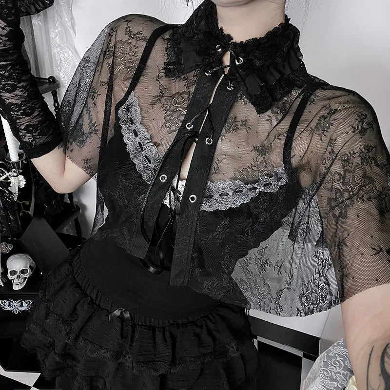 Gothic 2Pcs Women's Tops Splice Waist-Cinching Lacetrim Spaghetti Strap Vest Stand Collar Sexy Hollow-Out Smock Gyaru Suit