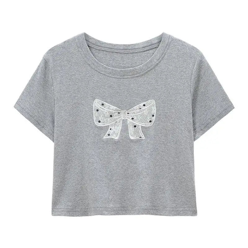 Womens Suit Fashion 2 Piece Set Short Sleeve T Shirt And High Waist Cake Skirt Lace Polka Dot Women Summer Bow Grey Casual Sweet
